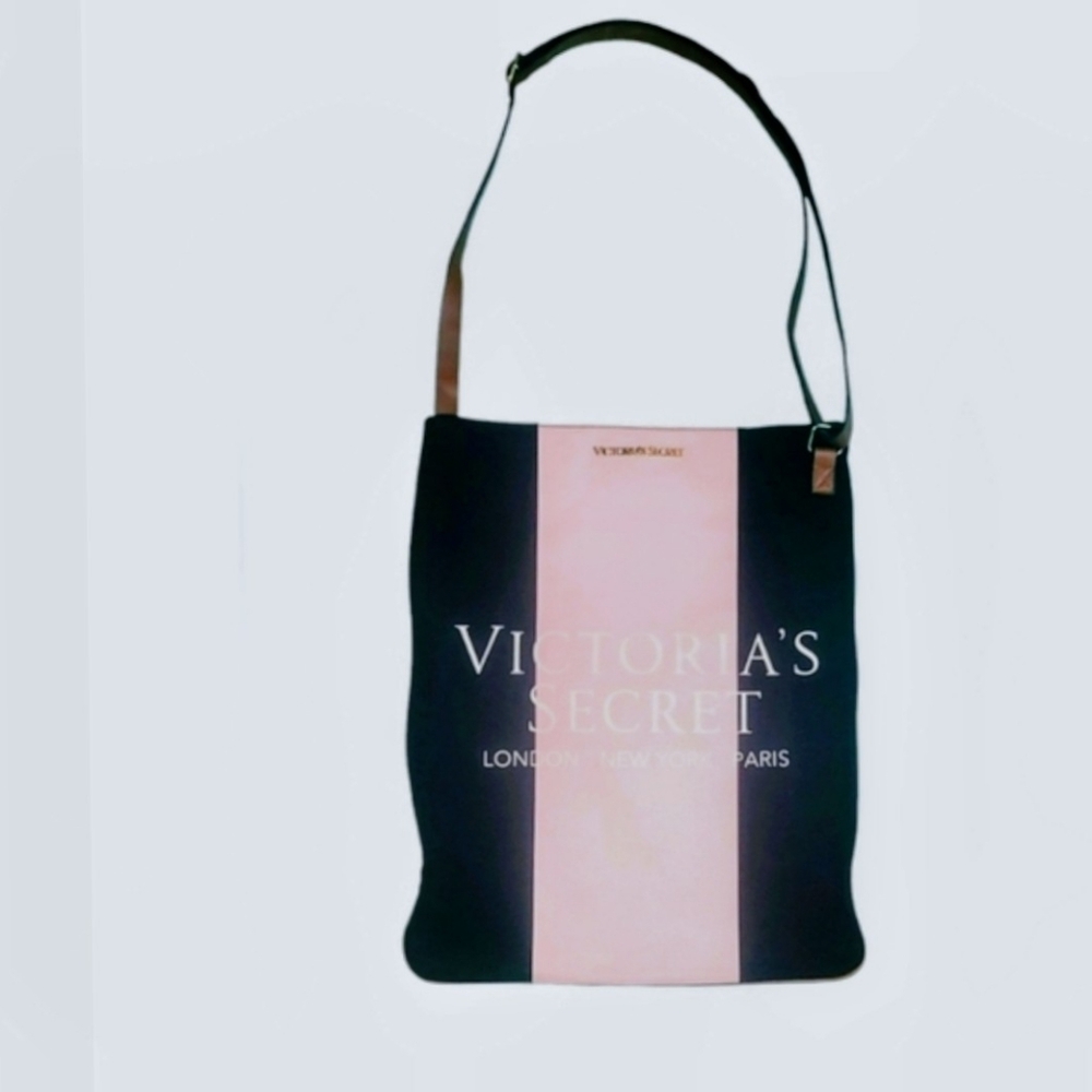 Victoria's Secret Black and Pink Vertical Stripe Shoulder Tote